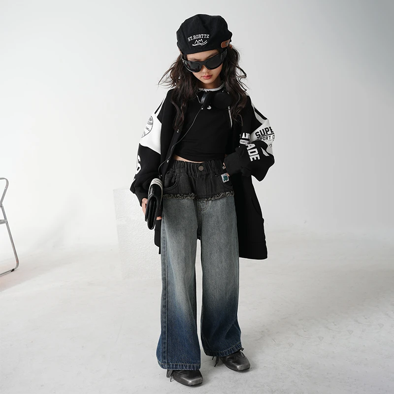 牛仔裤编号"666"春秋季新款百搭破洞女童休闲宽松显瘦直筒9中大童