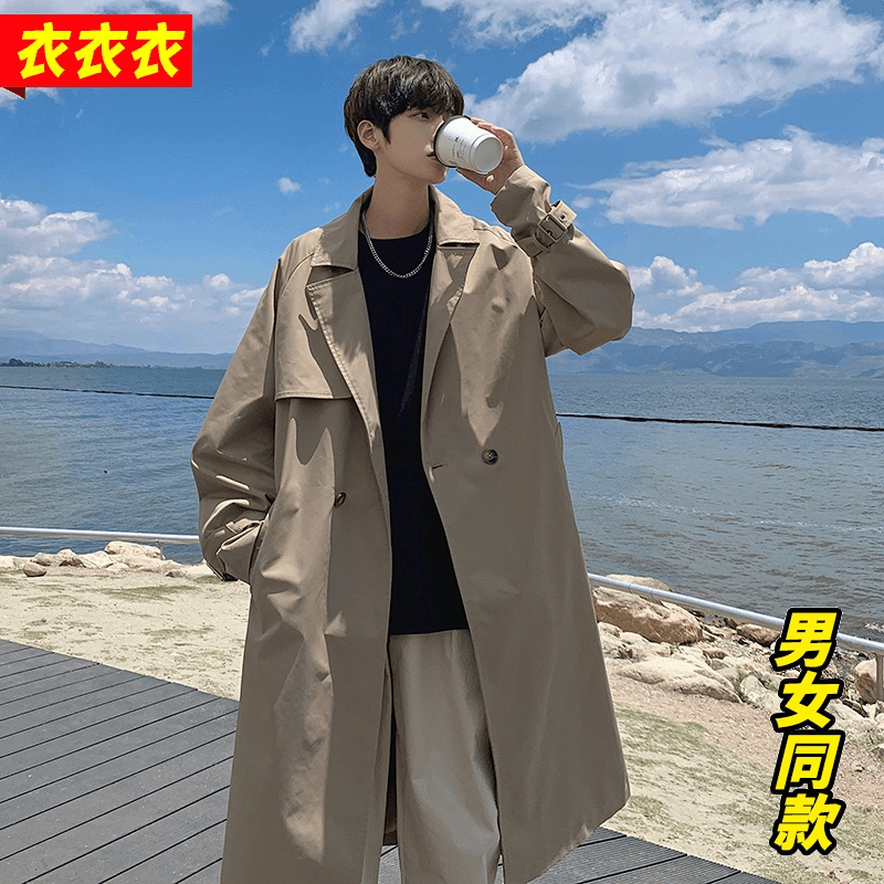 卡其色风衣男秋季韩版ins英伦风大衣潮流休闲宽松帅气中长款外套