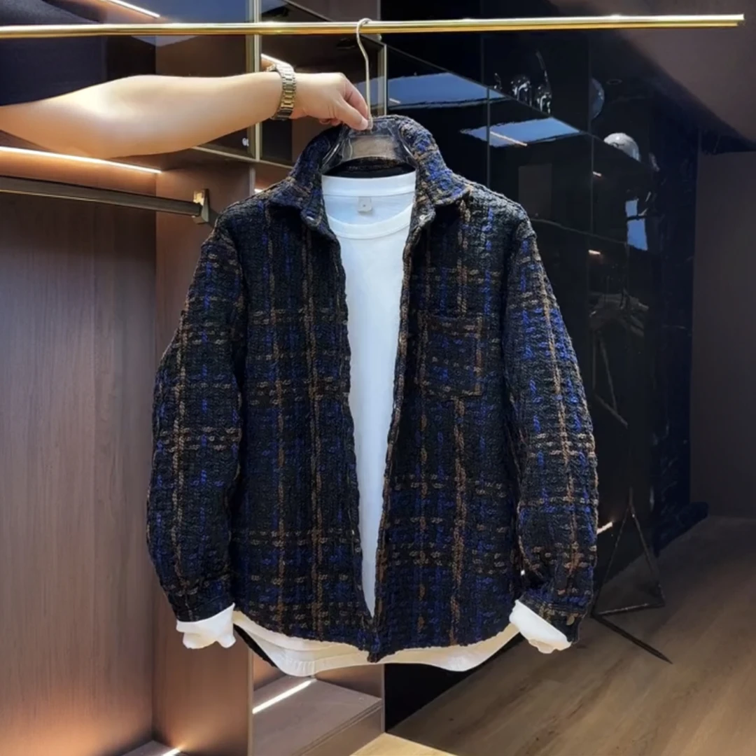 春秋新款时尚编织千鸟格小香风夹克上衣情侣翻领衬衫外套百搭韩版