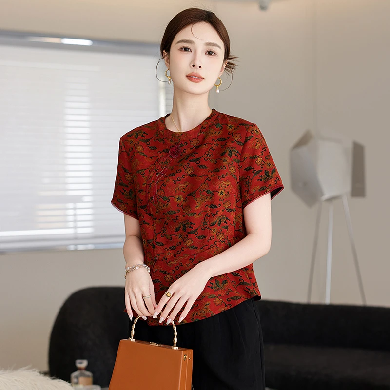 【香云纱系列】2025夏季新款洋气透气舒适纯桑蚕丝上衣T恤HZ5025