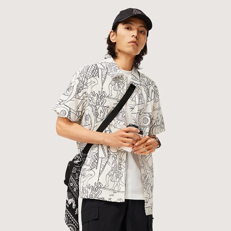 李宁运动潮流系列男子时尚满印亲肤翻领休闲短袖衬衫ASHU237-B品