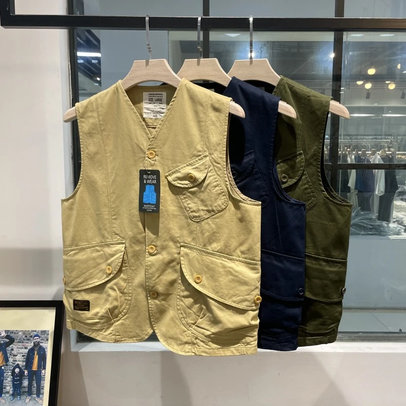 日系复古休闲背心男阿美咔叽宽松多口袋工装马甲外套男女坎肩马夹