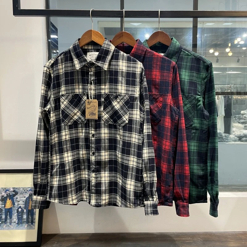 春秋款经典格子衬衫男美式复古水洗磨毛休闲长袖衬衣男女款外套