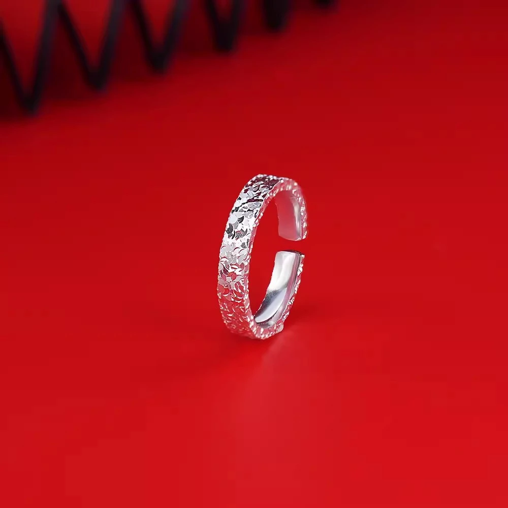 足银戒指 9999纯银实心碎冰冰戒指设计轻奢开口闭口锤纹指环尾戒