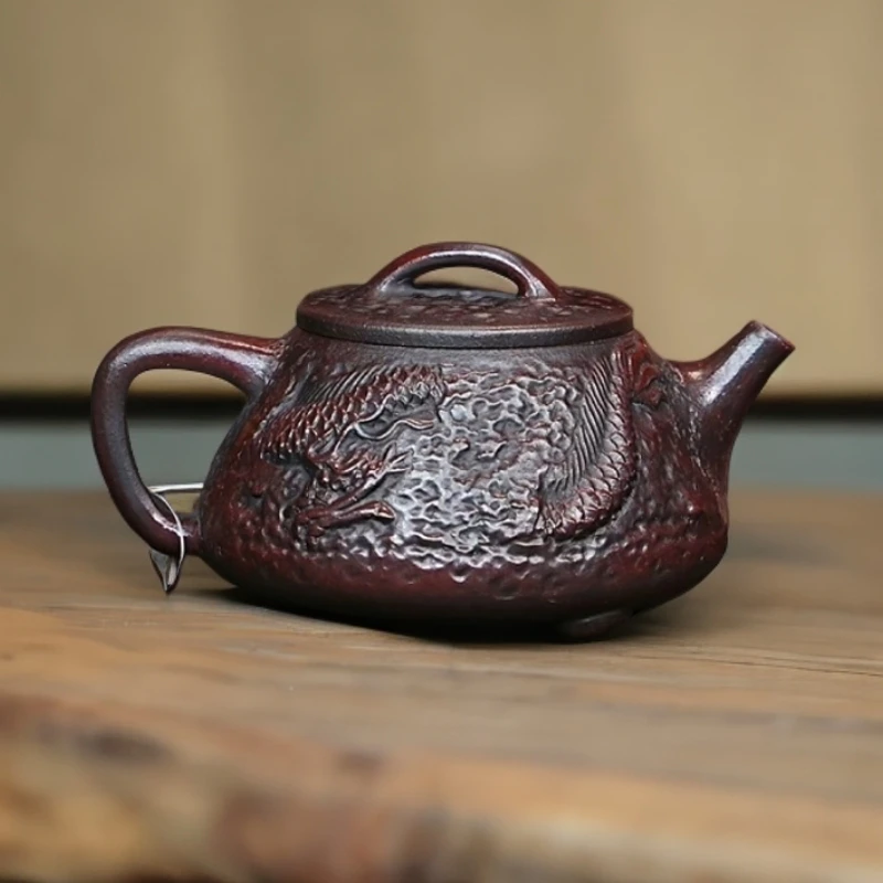 宜兴名家紫砂壶纯手工茶壶茶具原矿铁血红砂龙纹子冶石瓢h6790