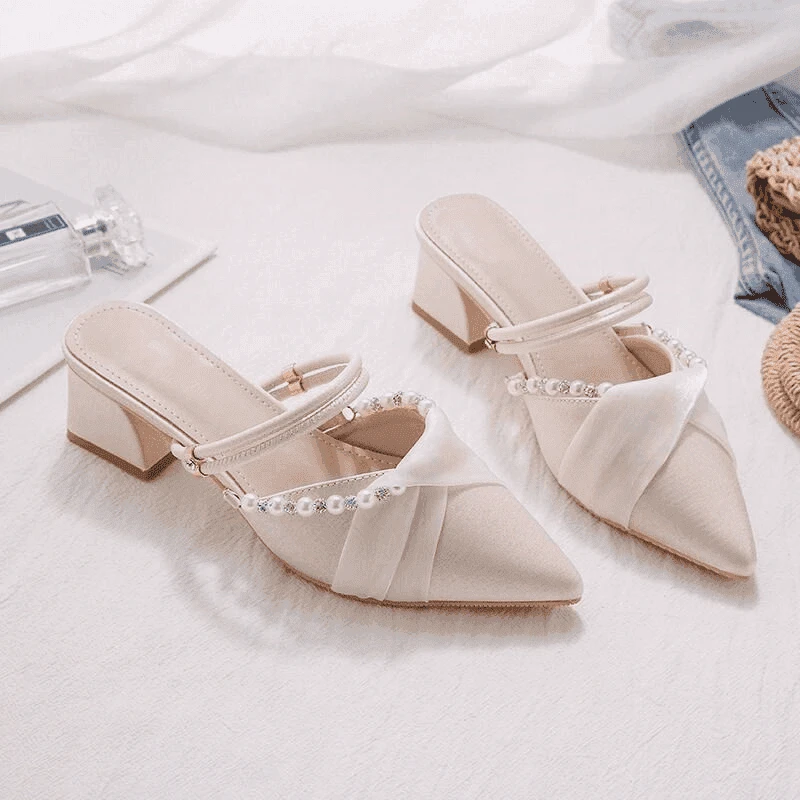 2024春夏新款中高跟鞋女法式半拖鞋仙女风两穿包头尖头凉拖女鞋