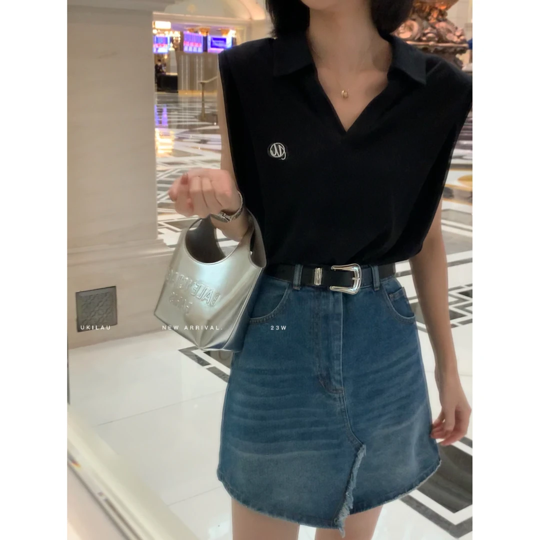 UKILAU左岸 高腰开叉磨毛显瘦短款半身裙女夏季新款直筒休闲裙子