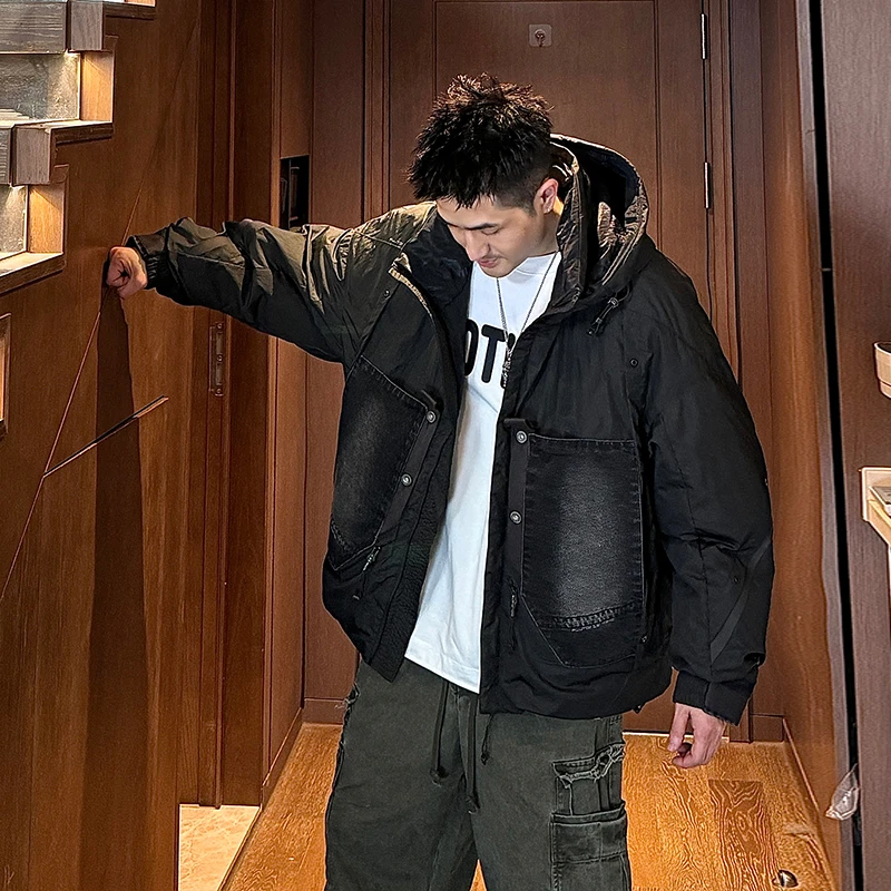 到位男装冬季拼接牛仔布大口袋连帽白鸭绒羽绒服外套男夹克Y24007