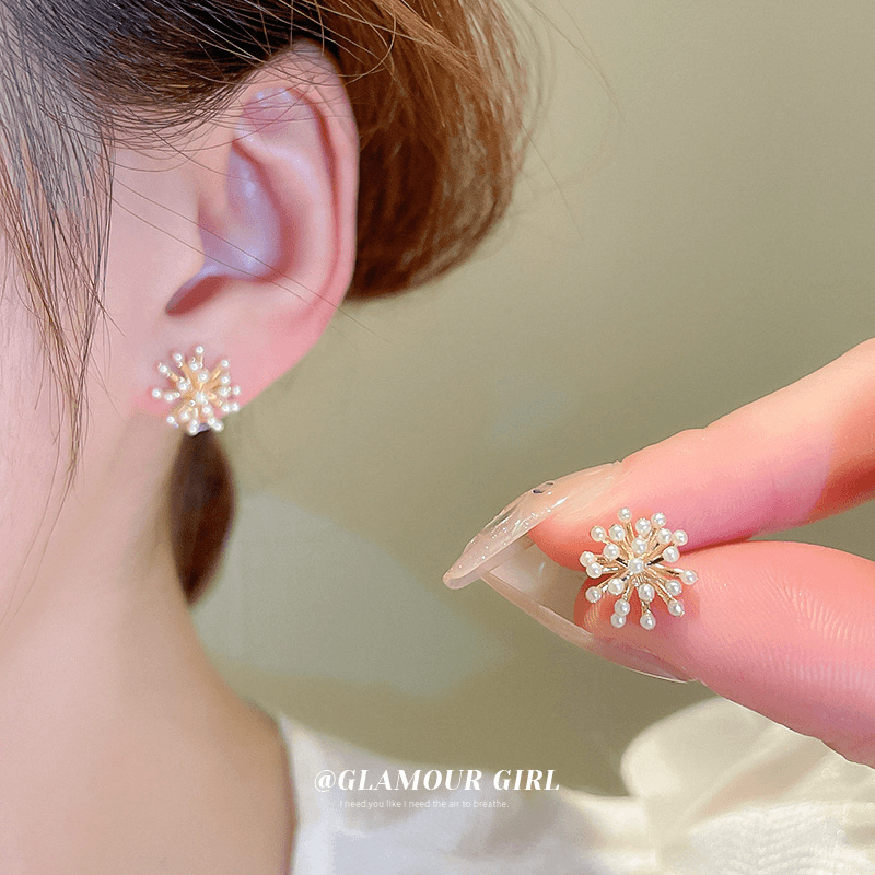 非金属仿珍珠耳饰 银针烟花盛开状珠珠耳钉小巧简约气质超闪