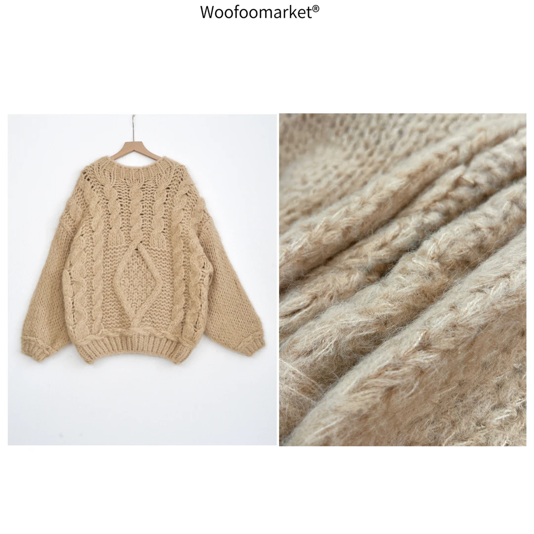 清！【海街日集】重工粗棒针含羊毛麻花毛衣女冬季慵懒风 MY371