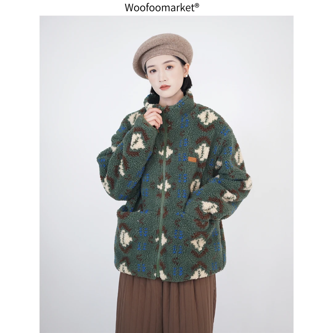 【海街日集】羊羔绒满印花加绒加厚保暖外套女冬季复古 WT231