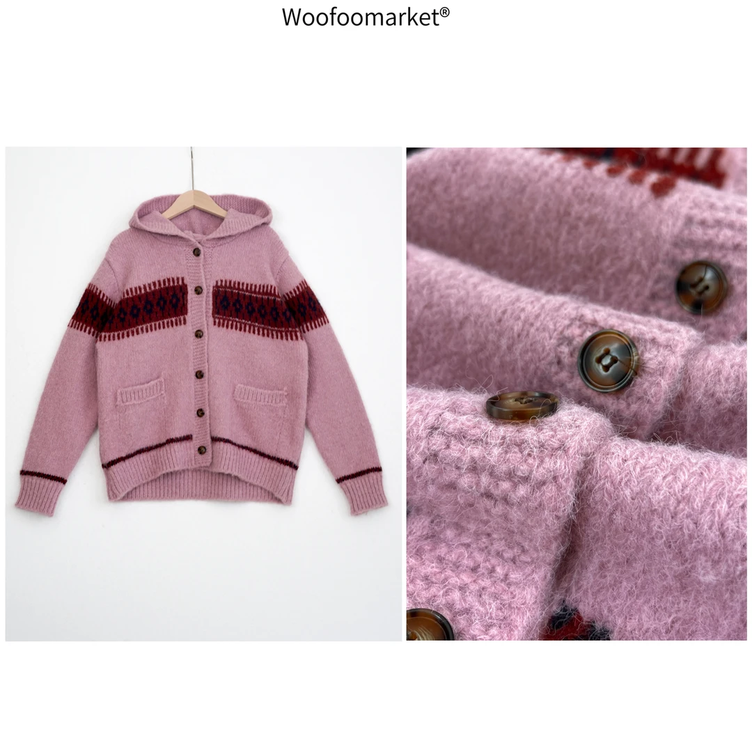 清！【海街日集】复古连帽撞色毛衣开衫外套女冬季 MY359