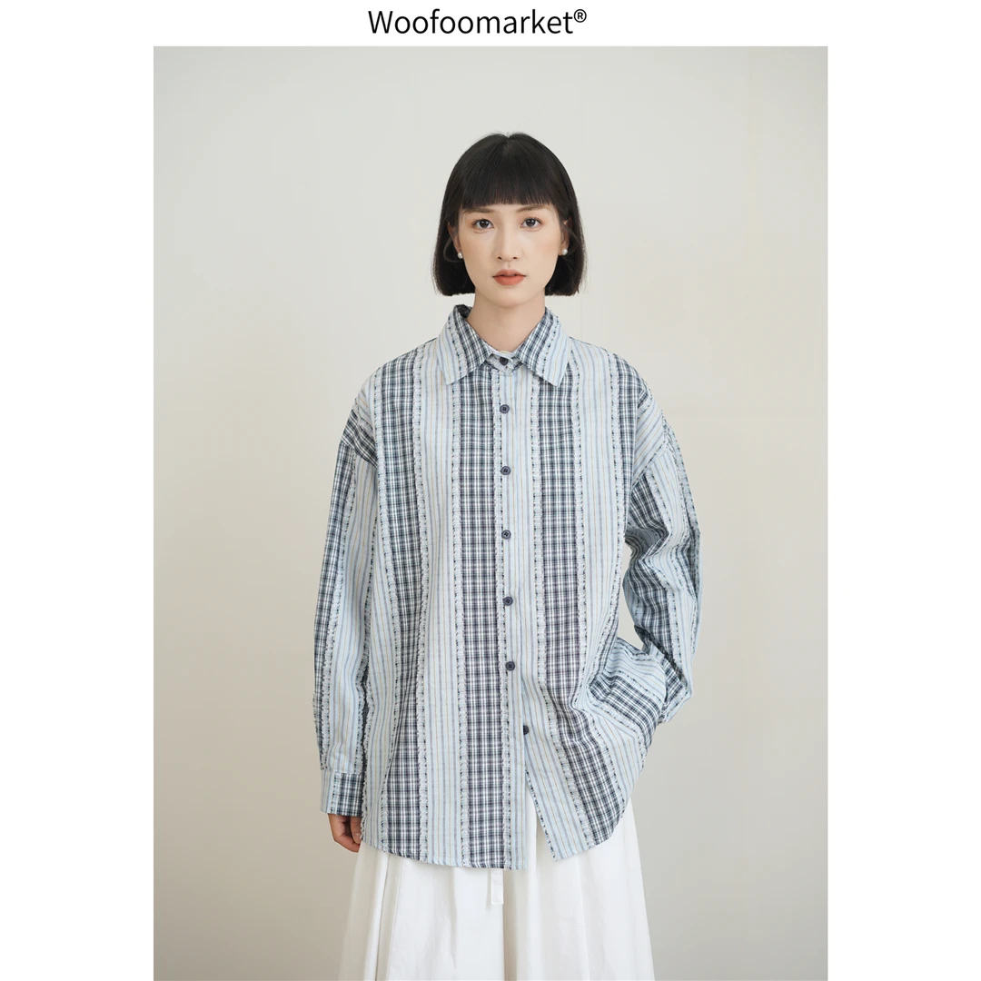 【海街日集】长袖格纹拼接衬衫女早秋宽松休闲 CY537