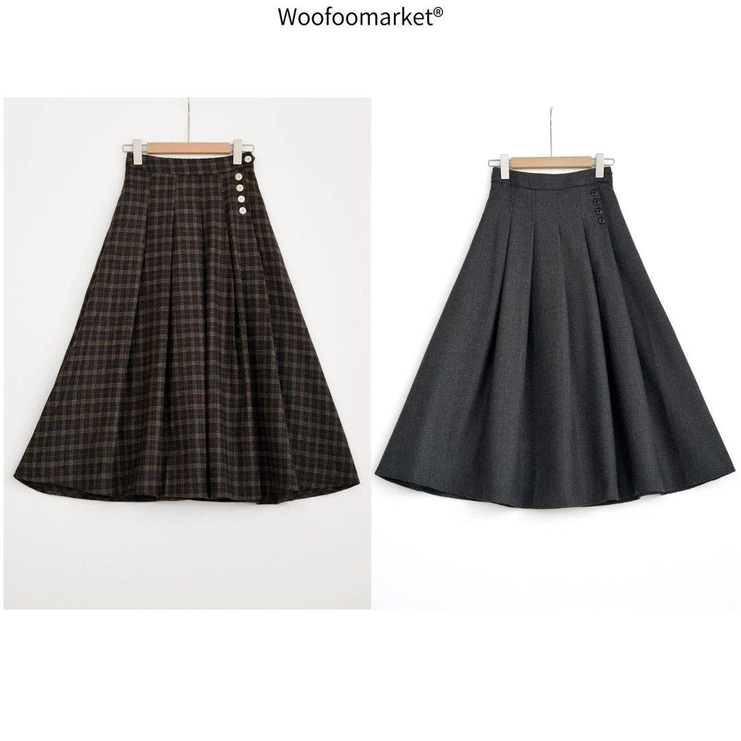 清！【海街日集】复古格纹呢料半松紧腰a字百褶裙女秋冬 QZ170