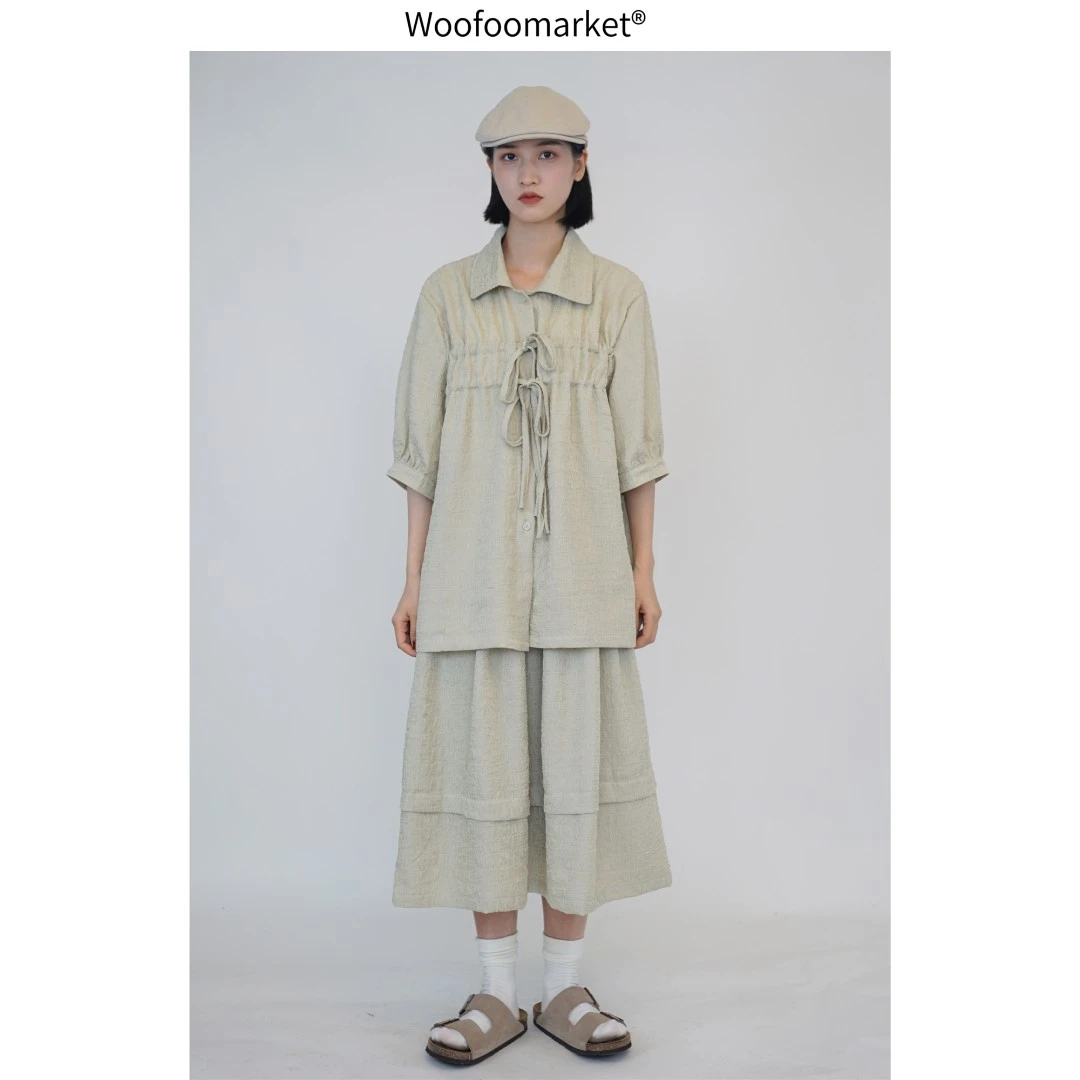 清仓！【海街日集】新中式肌理感系带短袖上衣/松紧腰半裙女 TZ065