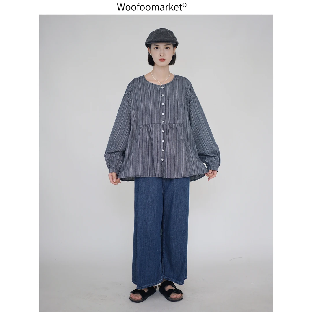 【海街日集】棉质竖条纹宽松圆领单排扣长袖衬衣秋季日系休闲 CY264