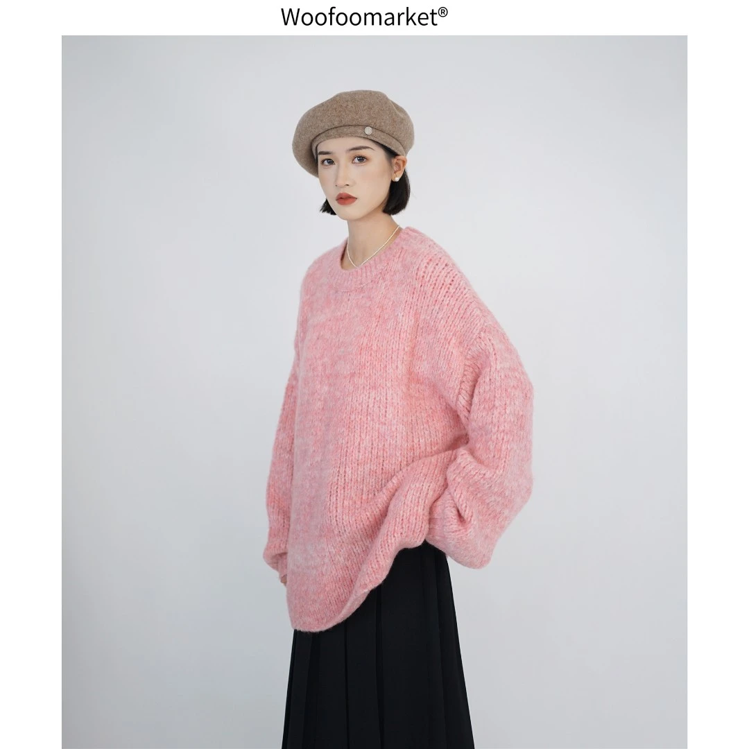 【海街日集】慵懒宽松粗线混色毛衣女秋冬复古圆领套头上衣 MY139