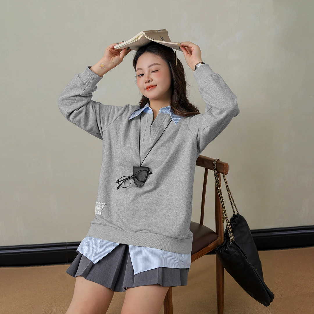 清-2154大码百分百慵懒长袖时尚百搭休闲撞色假两件卫衣