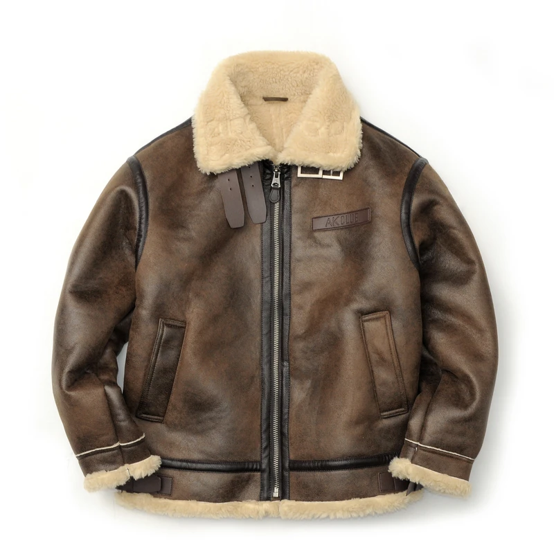 AKCLUB冬季复古飞行员复合皮毛一体翻领章仔棉服外套男士 2310702