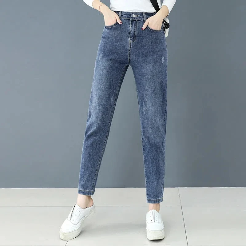 松紧腰牛仔裤女高腰弹力宽松哈伦裤萝卜小脚裤直筒显瘦老爹裤