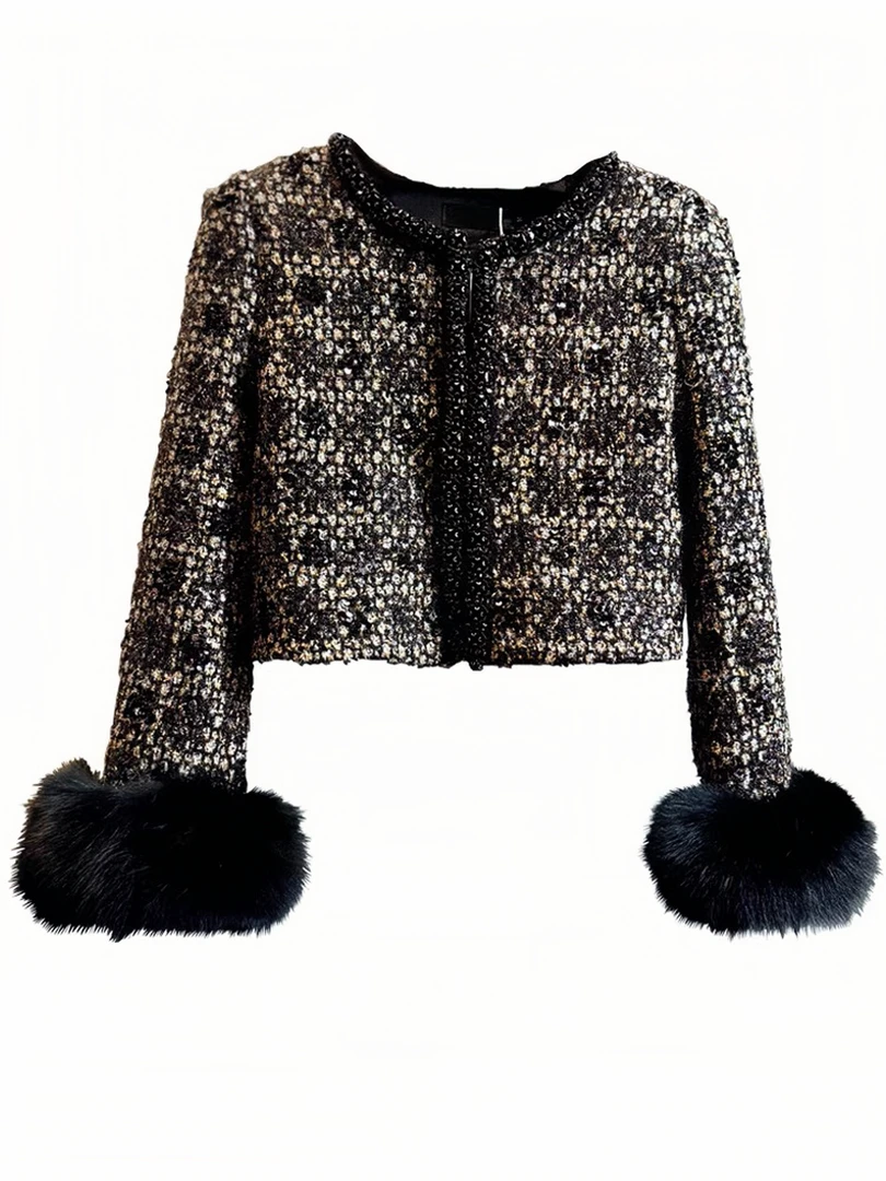 小香风外套袖口狐狸毛大毛领气质轻奢短款时尚百搭粗花呢短外套女