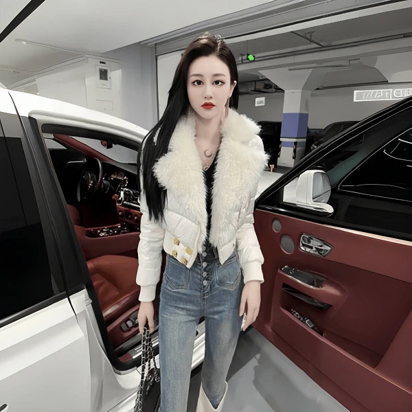 气质羊羔毛西装领保暖外套女气质修身百搭时尚小个子洋气短外套潮