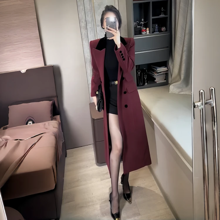 长袖大衣风衣轻奢红色中长款韩版气质时尚拼色妮子大衣外套秋冬