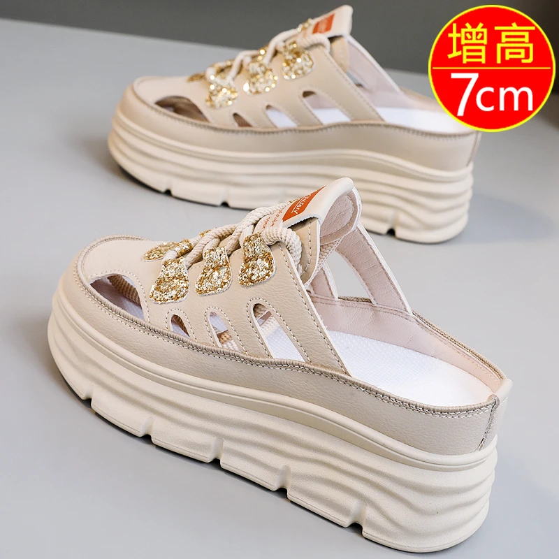 镂空内增高包头半拖鞋女外穿2025夏季新款透气休闲厚底凉拖小白鞋