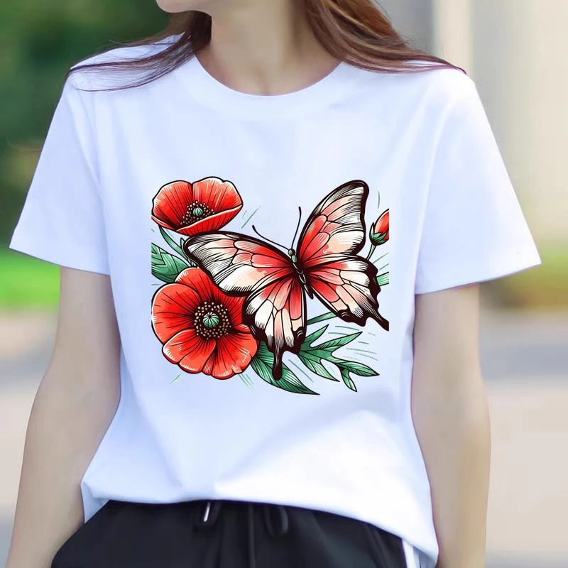 印花上衣网红爆款流行女显瘦网红蝴蝶花朵通勤短袖洋气ins时尚T恤