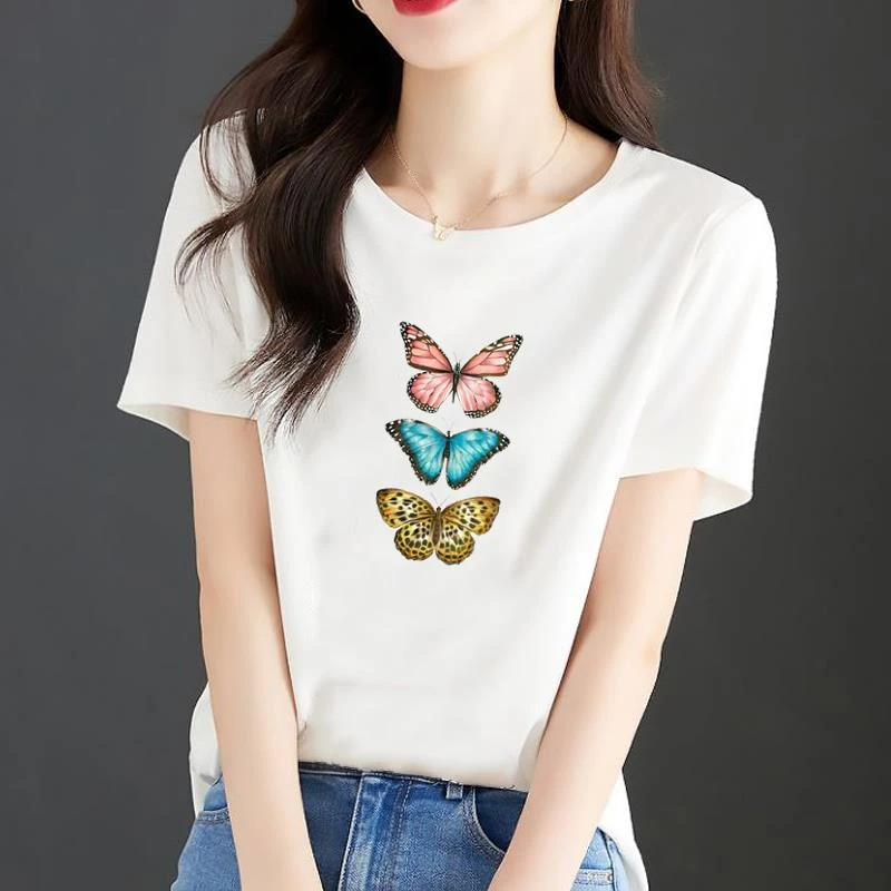短袖蝴蝶卡通夏季休闲风印花上衣圆领女学生薄款透气青年时尚T恤