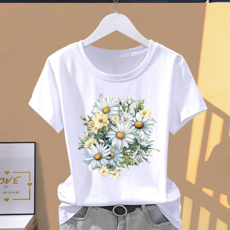 时尚女外穿花朵青年夏装印花通勤上衣ins韩版休闲个性圆领短袖T恤