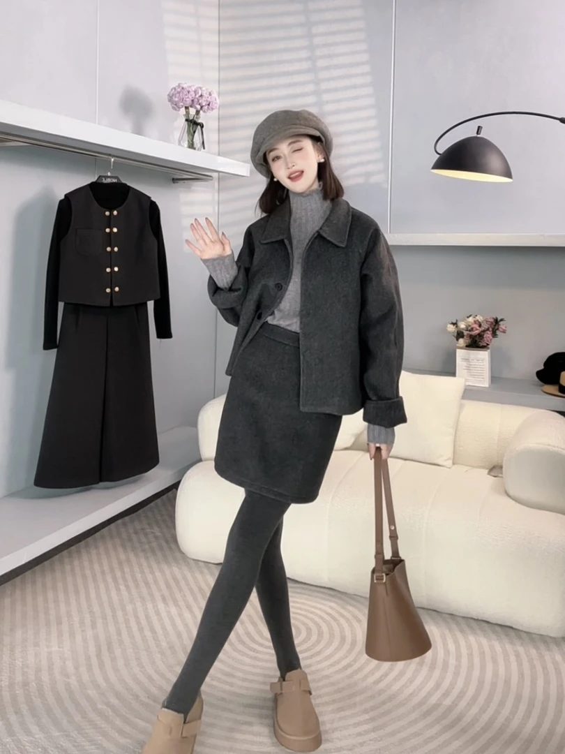 冬装搭配一整套女秋冬新款毛呢外套毛衣短裙韩系轻熟通勤时尚套装