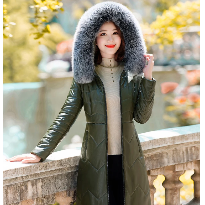 9827【清仓】冬季连帽中长款带毛领皮羽绒服修身保暖外套9827