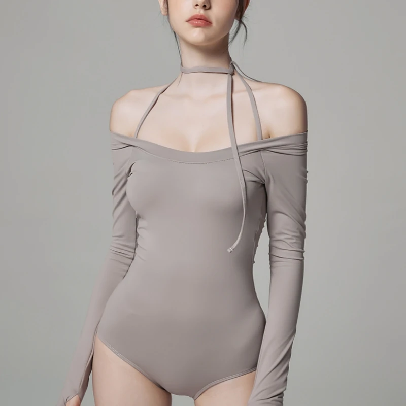 【冰川】韩系高级灰色长袖性感气质遮肉显瘦温泉泳衣连体女