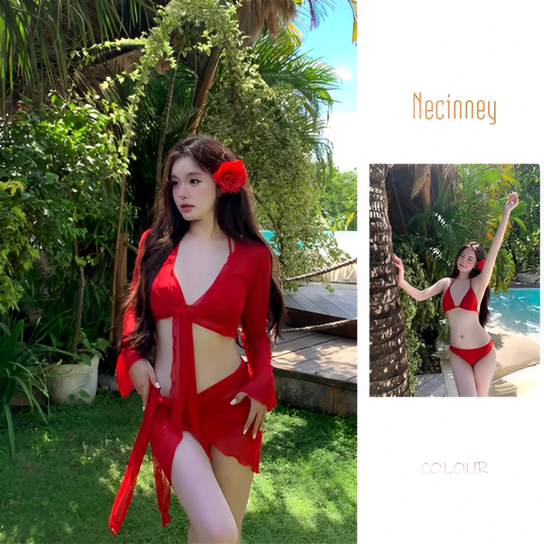 【红袖添香】性感辣妹大红色纯欲保守显瘦四件套温泉泳衣女士比基尼