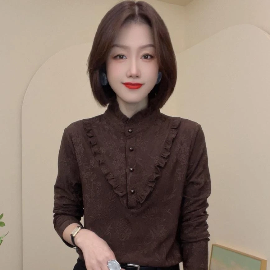 52100冬季新款半高领木耳边简约长袖T恤时尚显瘦女士小衫