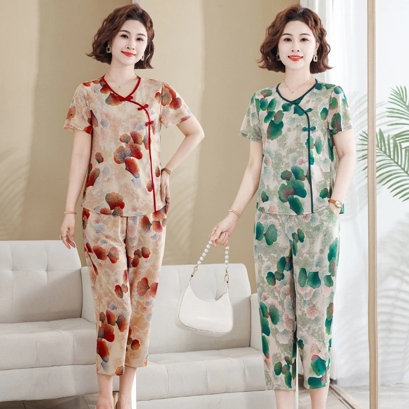 妈妈夏装洋气短袖套装中老年女装T恤上衣40岁50岁时尚印花两件套