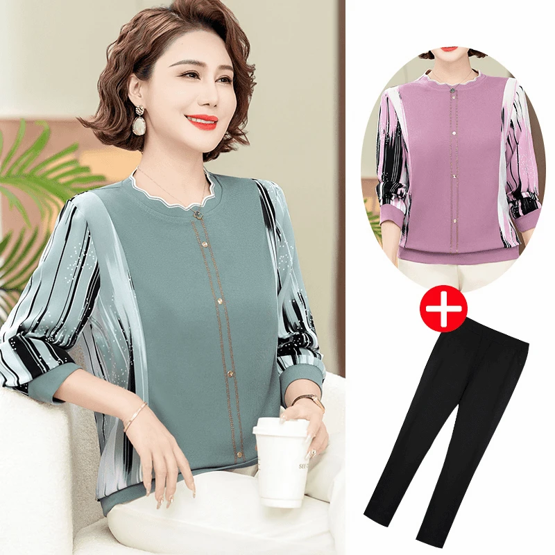 妈妈春装针织小衫洋气薄款t恤中老年女装春秋长袖打底衫上衣大码