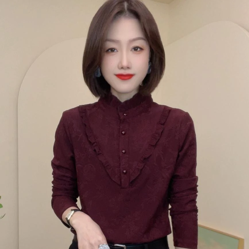 52100冬季新款半高领木耳边简约长袖T恤时尚显瘦女士小衫