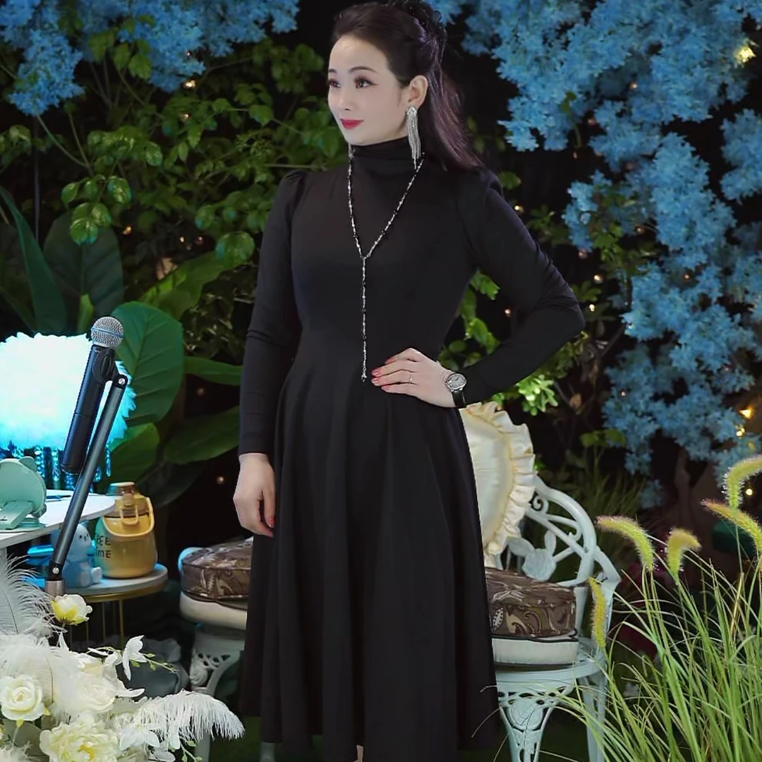 【玉儿同款】YUMEI LUXE法式女装&冬季修身&黑白简约 单高领衣长裙