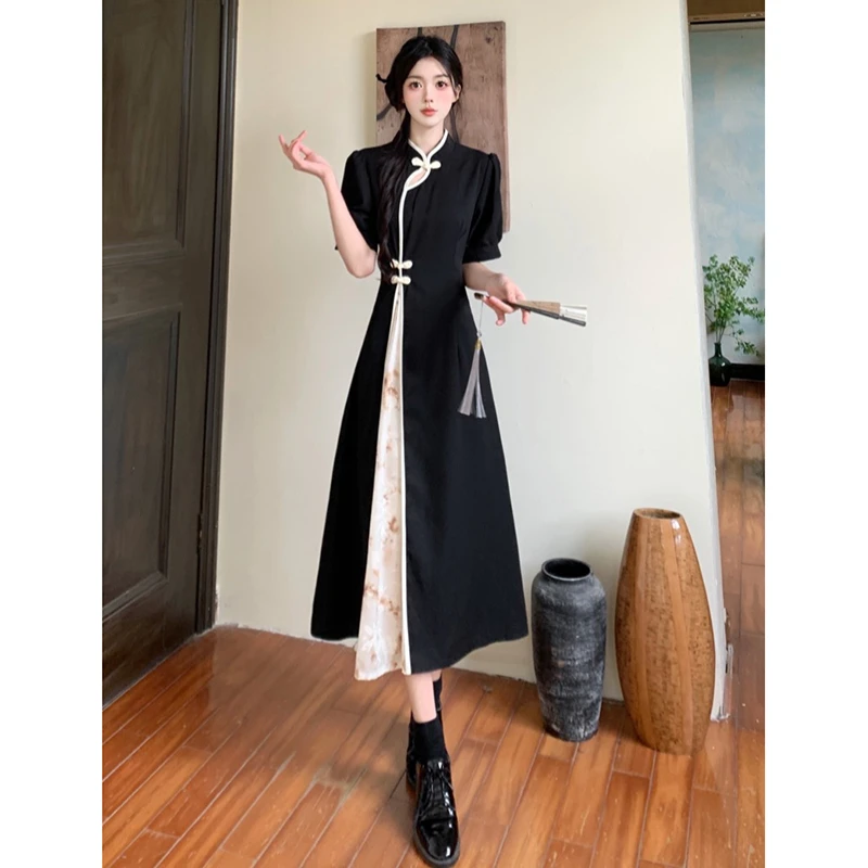 大码微胖新中式国风连衣裙女夏季胖MM显瘦感垂感改良旗袍裙子