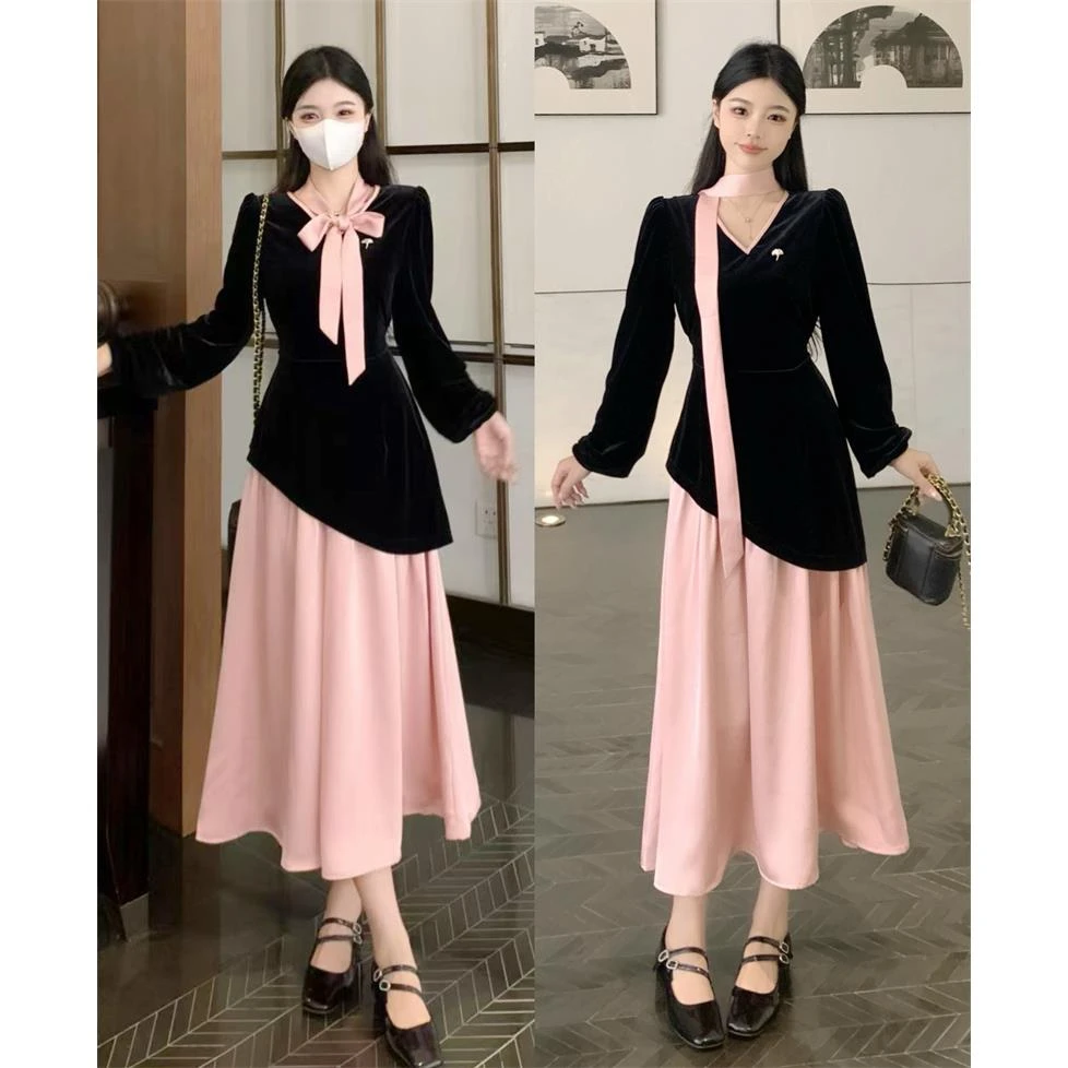 实拍大码秋季新款胖MM法式气质V领假两件设计感收腰显瘦连衣裙