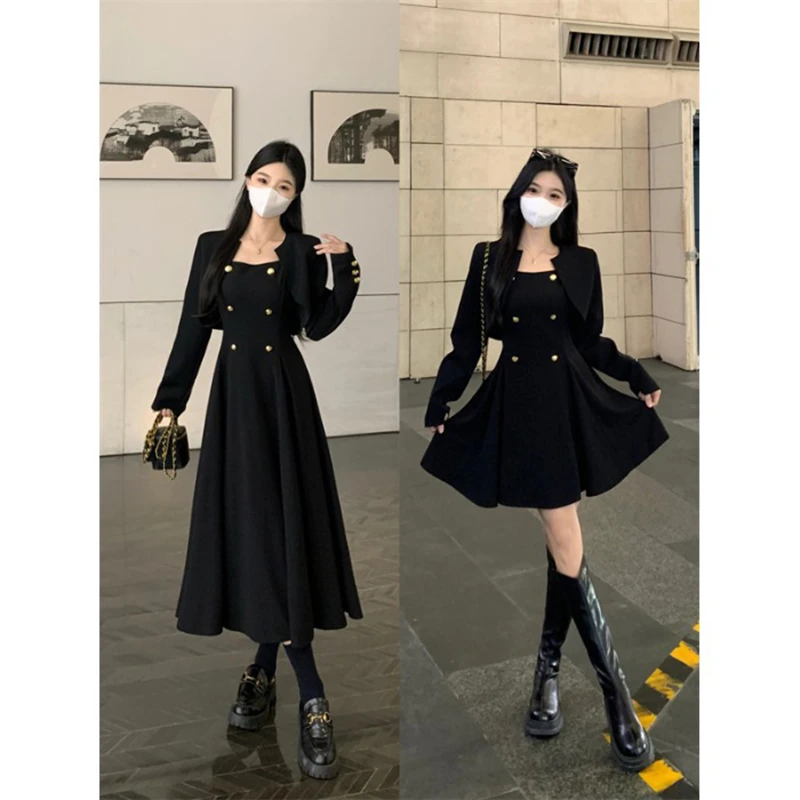 大码感连衣裙女装秋季赫本风气质小黑裙胖MM显瘦裙子披肩套装