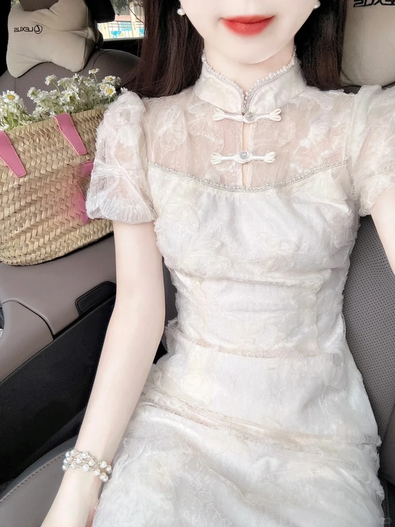 新中式国风女装改良旗袍白色连衣裙夏季感气质修身显瘦中国风旗袍
