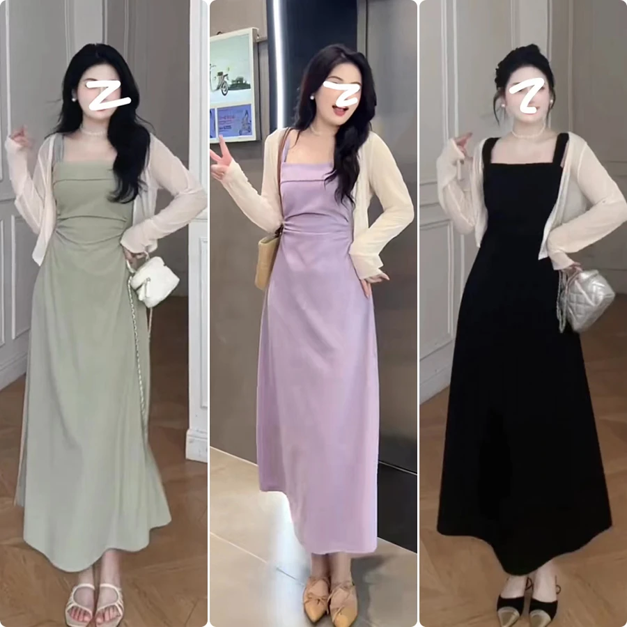 大码女装胖MM气质法式显瘦时尚性感轻熟女神连衣裙+开衫两件套