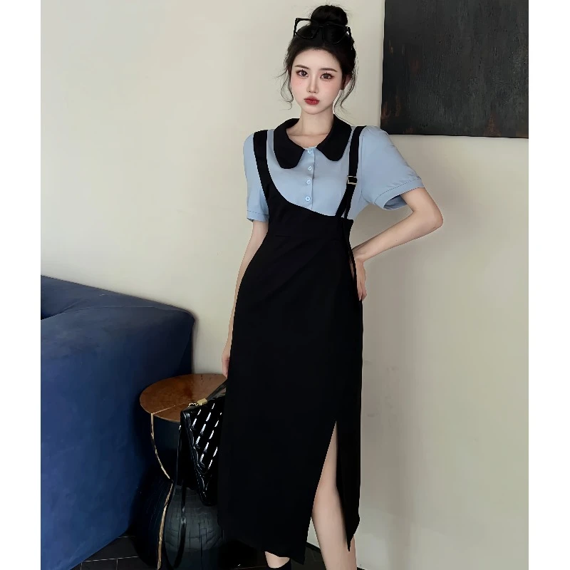 大码微胖mm夏季假两件娃娃领连衣裙女装气质纯欲风显瘦a字长裙子
