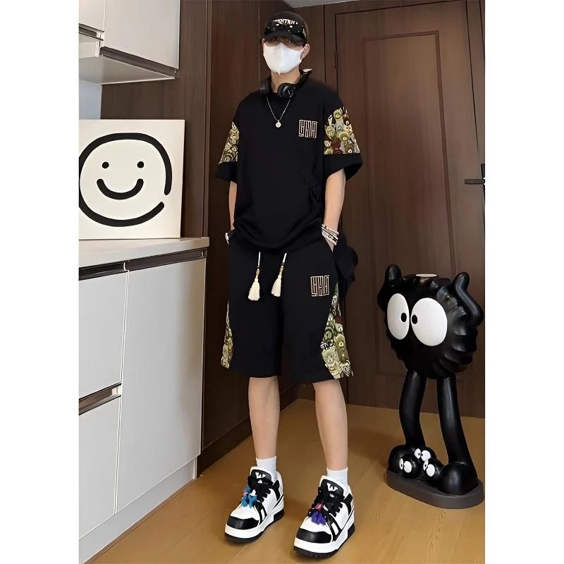 中国风男士夏季套装爆款2025新款大码运动休闲潮流短袖短裤两件套