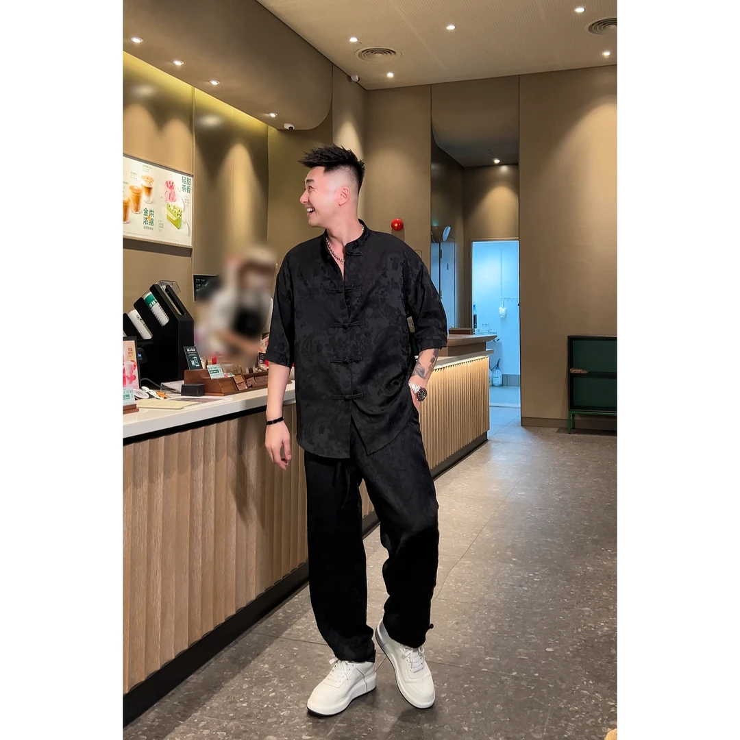 【二件套装】春夏五分袖立领衬衫新中式针织提花手工盘扣