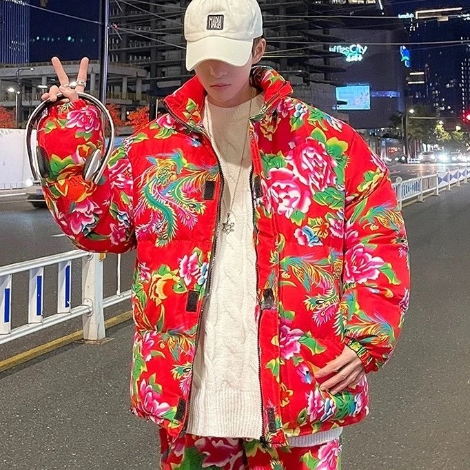 东北大花棉袄男国潮杜丹花棉服冬季加厚网红男女同款农村喜庆棉衣