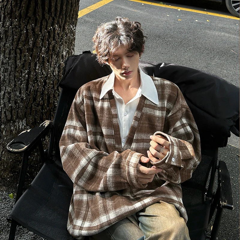 假两件格子卫衣男秋季小众高级感衬衫领外套美式高街宽松大码上衣